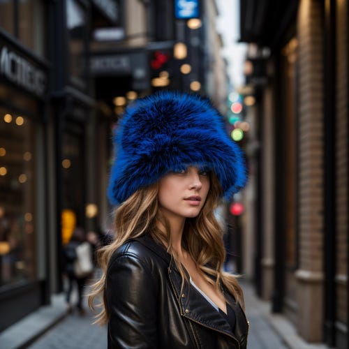 Handmade Blue Black Faux Fur Bucket Hat: Vegan Fluffy Festival Hat