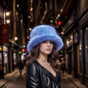 Light blue handmade faux fur bucket hat, fake fur hat, fuzzy hat, fluffy hat, festival hat