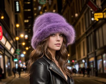 Handmade Purple Faux Fur Bucket Hat: Vegan Fluffy Festival Hat