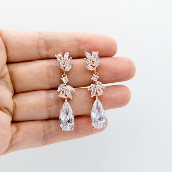 Bridal Drop Earrings Crystal Pear Teardrop Dangle Earrings Wedding Jewelry Set CZ Swarovski Earrings Diamond Leaf Vine Earring 005