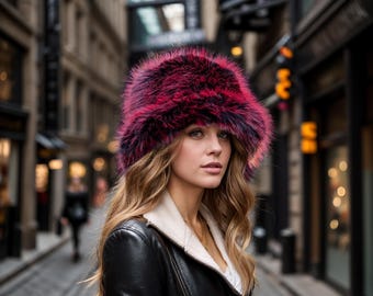 Handmade Burgundy Black Faux Fur Bucket Hat: Fuzzy Festival Hat