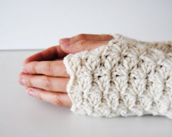 White fingerless gloves, crocheted, handmade, ready to ship