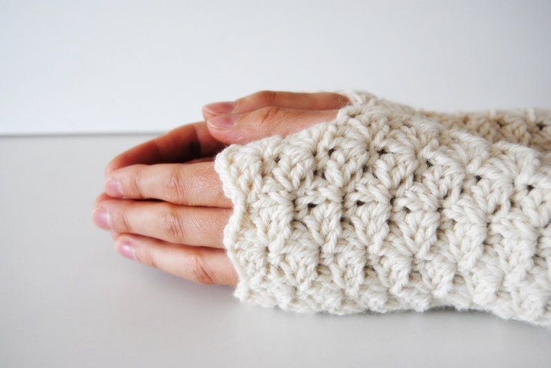 White fingerless gloves, crocheted, handmade, ready to ship image 1