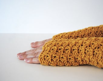 Mustard Yellow fingerless gloves, crocheted, handmade, ready to ship