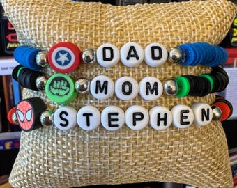 Personalized Superhero bracelet.  Choose name or word and superhero.