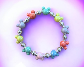 Pastel Mickey Mouse beaded stretch bracelet with silver accents