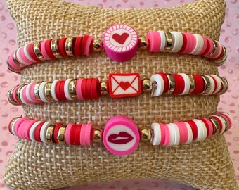 Valentine Heishi Bead Bracelet With Gold Accents and Cute Valentine Charm