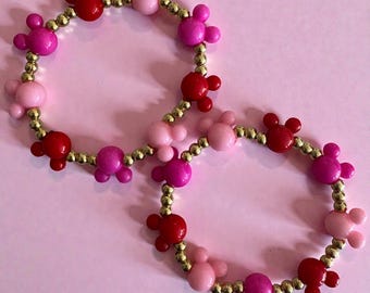 Valentine’s Day Mickey Head Bracelet Gold Beaded, Disney Mickey Mouse Bead Charm Jewelry, Romantic Gift for Her, Disney Valentine Gift