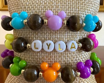 Colorful Mickey Head Bracelet, Personalized Wood Bead Bracelet with Gold Accents
