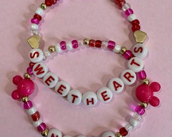 Sweethearts Night Bracelet Stack Set of 2 seed bead bracelets with red letters and Mickey heads