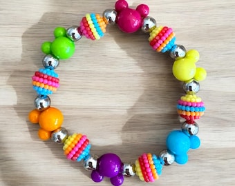Vibrant Mickey Mouse beaded stretch bracelet with silver accents