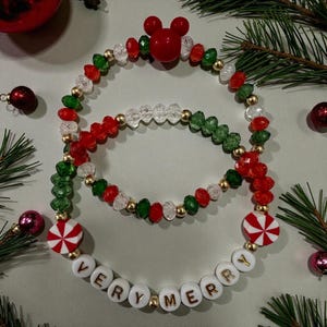 Very Merry Mickey Mouse Beaded Christmas Bracelet Set, faceted beads - Festive Holiday Jewelry