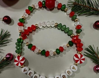Very Merry Mickey Mouse Beaded Christmas Bracelet Set, faceted beads - Festive Holiday Jewelry