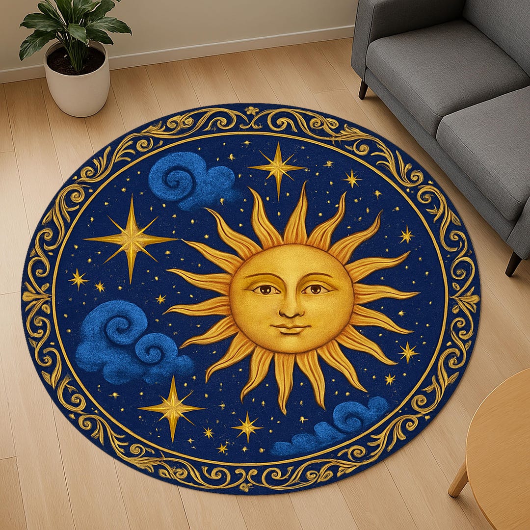 Celestial Sun Face Round Rug – Mystical Blue and Gold Sun and Stars ...
