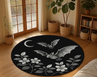 Gothic Bat Round Rug – Night Forest Moon Carpet – Black and White Floral Halloween Style Rug – Spooky Cottagecore Decor