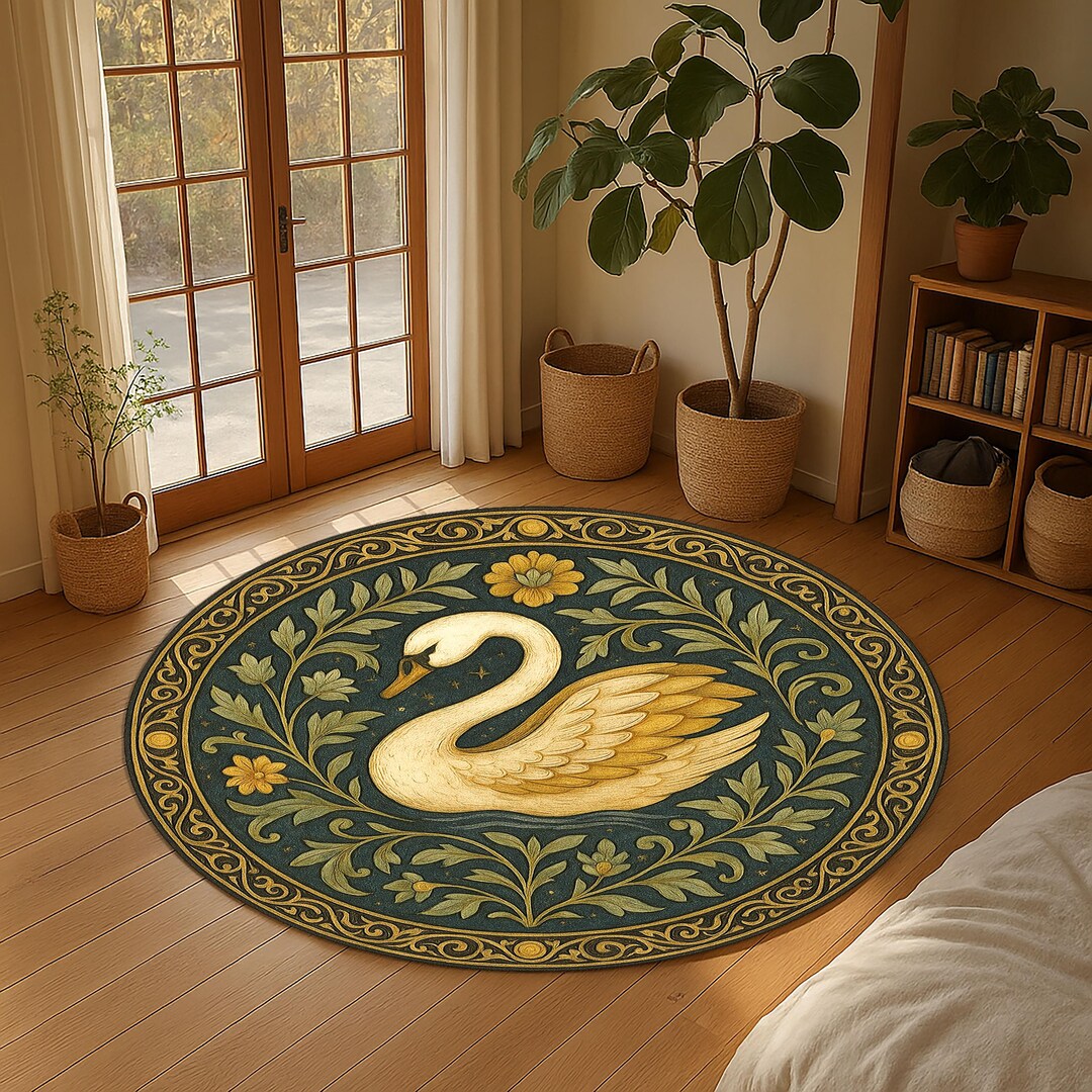 Swan Round Rug – Elegant Bird and Floral Carpet – Romantic Nature Decor ...