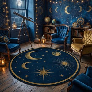 Tappeto rotondo celeste cielo notturno – Luna e stelle blu intenso e oro – Tappeto ispirato all'astrologia cosmica – Arredamento mistico per la casa