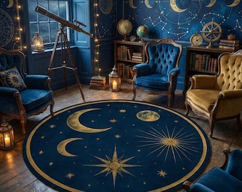 Celestial Round Rug Night Sky – Deep Blue & Gold Moon and Stars – Cosmic Astrology-Inspired  Carpet – Mystical Home Decor