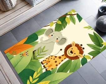 Jungle Safari Kids Rug – Adorable Lion Elephant Playroom Carpet – Soft & Fun Nursery Decor for Baby Toddler Rooms