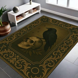 Raven skull gothic rug, occult crow decor, dark academia carpet, mysterious witchy home rug, creepy goth room skull art floor mat