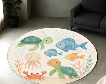 Ocean Friends Round Rug – Cute Sea Animals Kids Carpet – Turtle Fish Crab Playroom Rug – Under the Sea Nursery Decor
