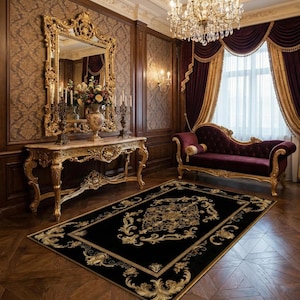 Luxury Rug Black Gold - Baroque Style Ornate Carpet - Elegant Vintage Design - Soft Washable Area Mat for Living Room & Dining Room