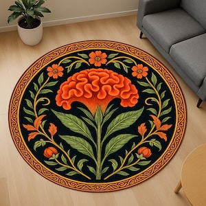 Orangefarbener Blütenteppich - Bunter Blumen-Mandala-Teppich - Boho Botanischer Blumenakzent-Teppich - Bunter runder Bereich-Teppich für Naturliebhaber