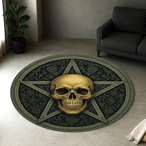 Gothic Skull Pentagram Rug, Dark Occult Round Carpet, Witchy Altar Mat, Halloween Decor Rug with Floral Ornament
