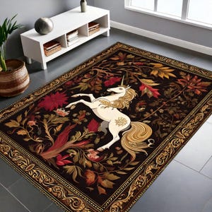 Unicorn in Floral Rug, Folklore Decor, Cottagecore Decor, Aesthetic Design Rug, Fairy Woodland Decor Magical Decor