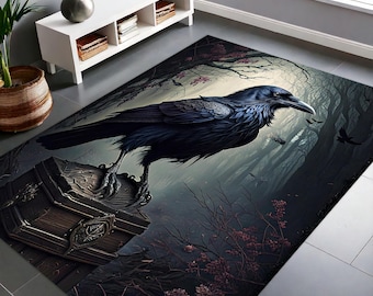 Gothic Crow Rug _ Dark Academia-Inspired Crow Carpet _ Rustic Floral Crow Design _ Witchy Bohemian Crow Rug _ Painting Style Decorative Rug