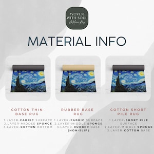 May include: Image showing three rolled-up rugs with a starry night design. The rugs are labeled as Cotton Thin Base Rug, Rubber Base Rug, and Cotton Short Pile Rug. The image also includes the text "MATERIAL INFO" and the brand name "WOVEN WITH SOUL".