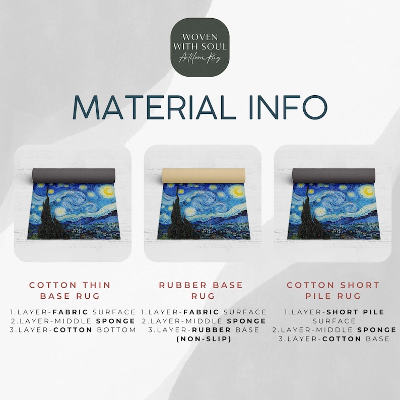 May include: Image showing three rolled-up rugs with a starry night design. The rugs are labeled as Cotton Thin Base Rug, Rubber Base Rug, and Cotton Short Pile Rug. The image also includes the text "MATERIAL INFO" and the brand name "WOVEN WITH SOUL".