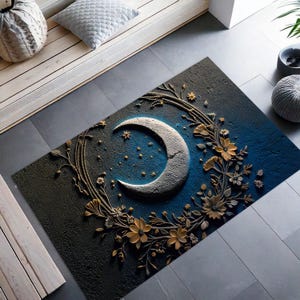 Crescent Moon & Wildflower Mandala Rug, Boho Lunar Floral Carpet, Mystical Moon Phase Round Rug, Celestial Nature-Inspired Home Decor