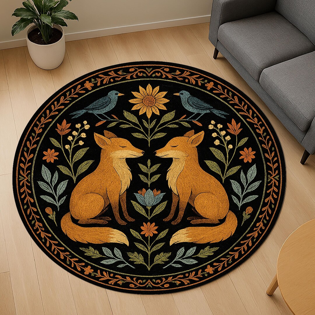 Texture Fox Hunt Rug Fox Lovers Round Rug β Whimsical Woodland Animal Carpet β Nature Folk ...