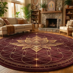 Tapete Redondo de Geometria Sagrada – Tapete Mandala de Lótus Vermelho – Tapete Espiritual Boho para Yoga e Meditação – Decoração Celestial da Flor da Vida