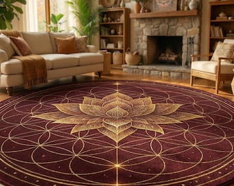 Sacred Geometry Round Rug – Red Lotus Mandala Carpet – Spiritual Boho Yoga Meditation Mat – Celestial Flower of Life Decor
