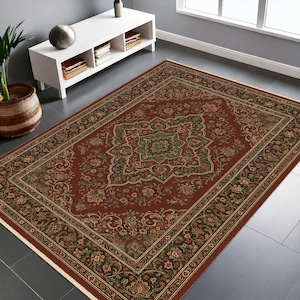 Tapete Vermelho Clássico, Tapete Turco com Estampa Étnica, Tapete Vintage, Tapete Lavável para Sala de Estar, Tapete Otomano, Decoração Tradicional, Tapete Anatólio
