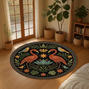 Cranes & Flowers Round Rug – Elegant Bird and Botanical Folk Art Carpet – Vintage Nature Inspired Boho Floor Decor
