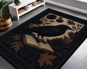 Crow Rug, Raven Rug For Goth Room Decor, Dark Academia Home Decor, Maximalist Rug For Witchy Room Decor, Crow Design Rug