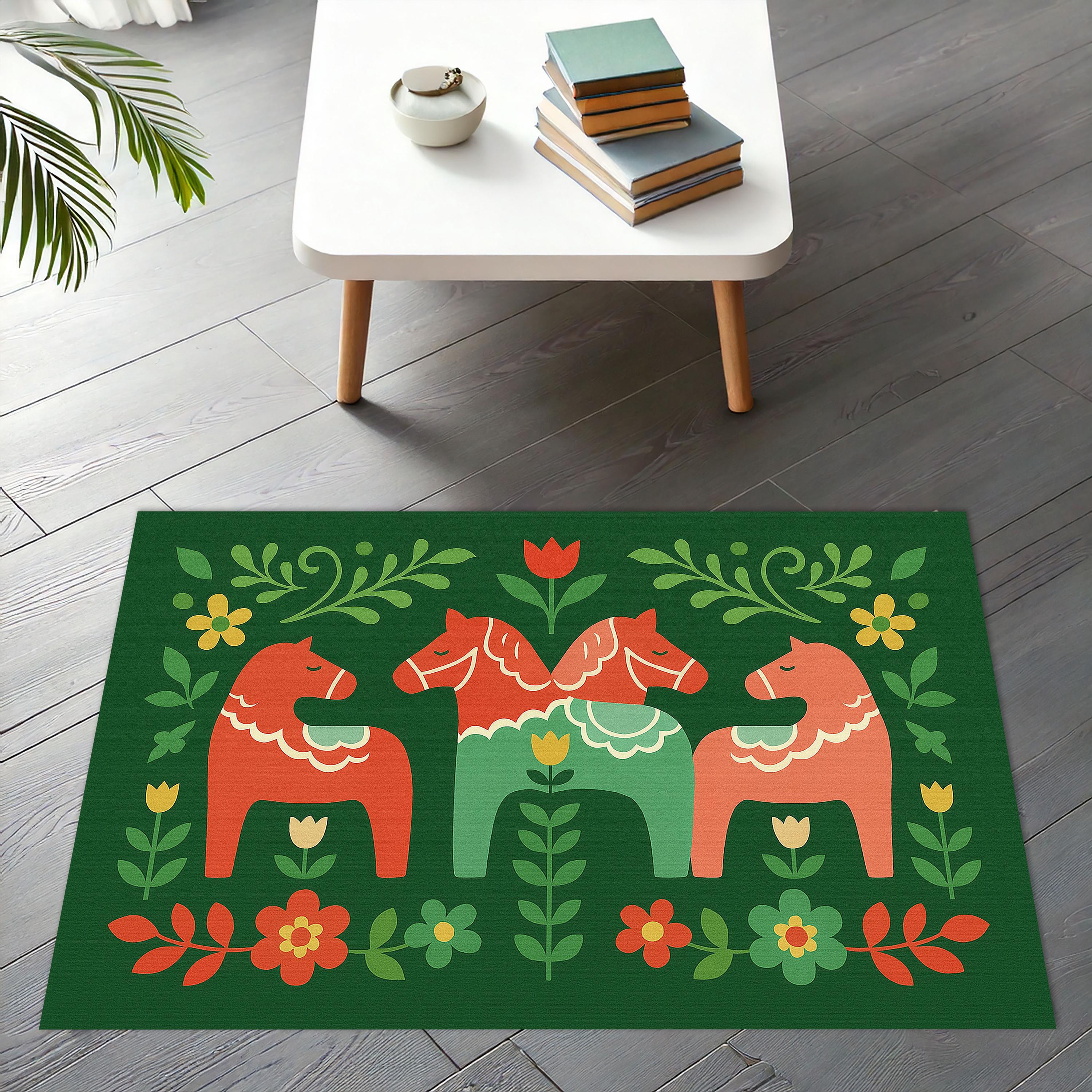 Dala Rugs Nordic Dala Horse Rug, Bold Folk Art Area Rug With Flowers ...