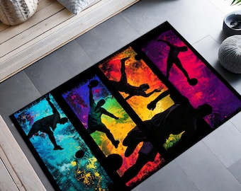 Soccer Rug, Sports Ball Area Rug, Game Room Carpet, Soccer Field Pattern Rug, Kids Playroom Mat, Colorful Football Theme Rug