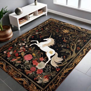 Unicorn in Floral Rug, Folklore Decor, Cottagecore Decor, Aesthetic Design Rug, Fairy Woodland Decor Magical Decor