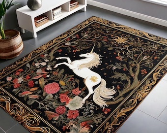Einhorn im Blumenteppich, Folklore-Dekor, Cottagecore-Dekor, Ästhetischer Design-Teppich, Fairy Woodland Decor Magical Decor