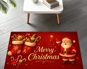 May include: A red Christmas-themed rug featuring Santa Claus, two stockings filled with toys, and candy canes. The words "Merry Christmas" are written in gold script across the center of the rug. A festive holiday decoration.