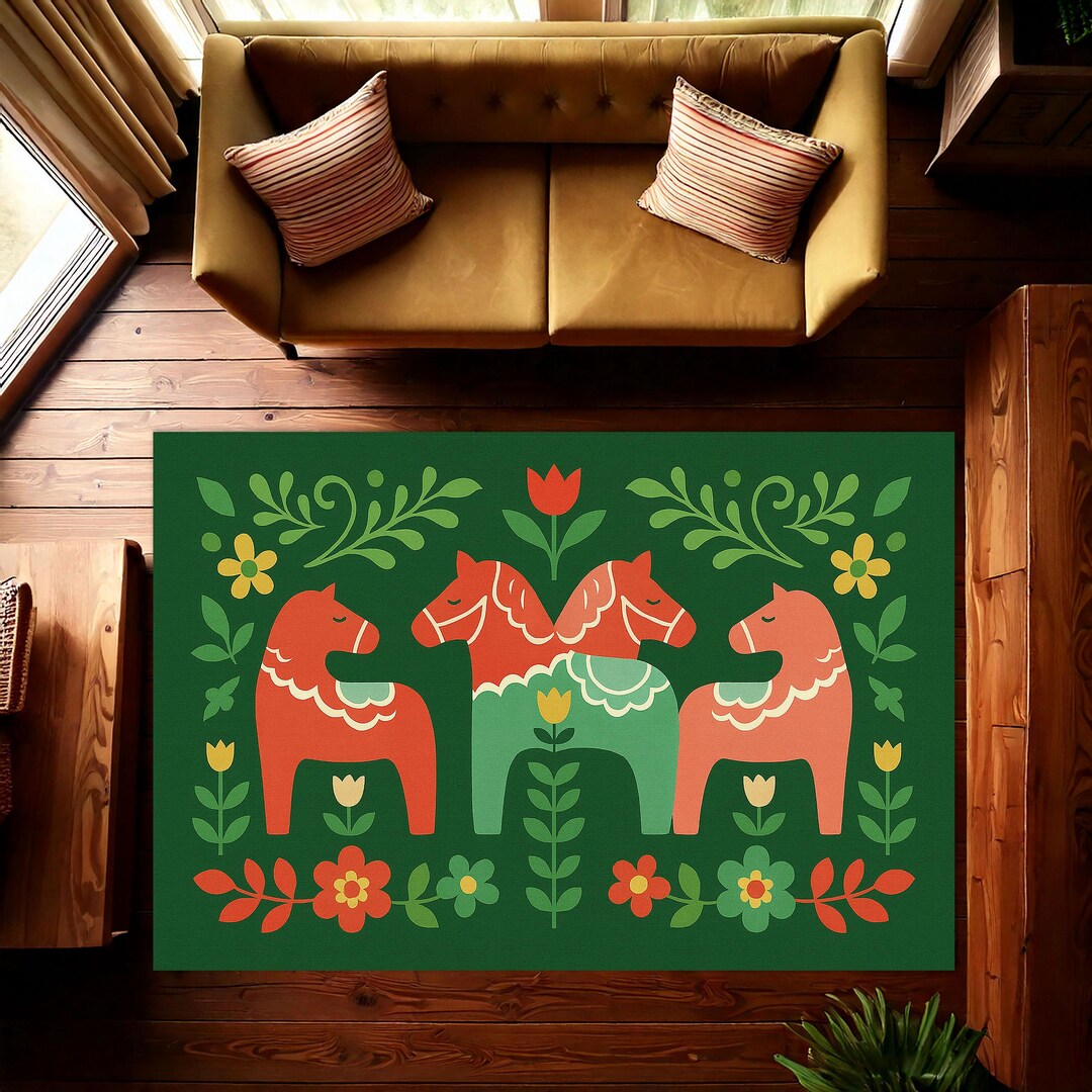 Dala Rugs Nordic Dala Horse Rug, Bold Folk Art Area Rug With Flowers ...