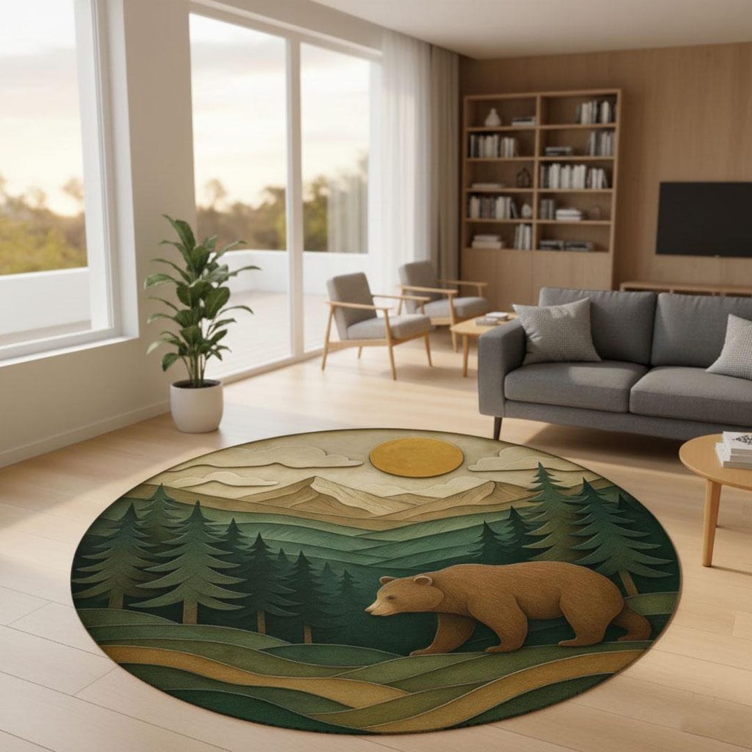 Bear in Mountains Round Rug – Nature Scene Forest Animal Carpet ...