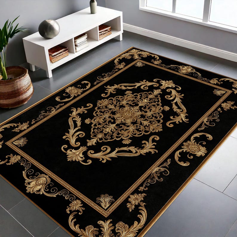 Luxury Rug Black Gold - Baroque Style Ornate Carpet - Elegant Vintage ...