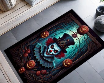 May include: A black and blue Halloween rug with a scary clown wearing a top hat and surrounded by pumpkins. The clown has red hair and a wide, toothy grin.