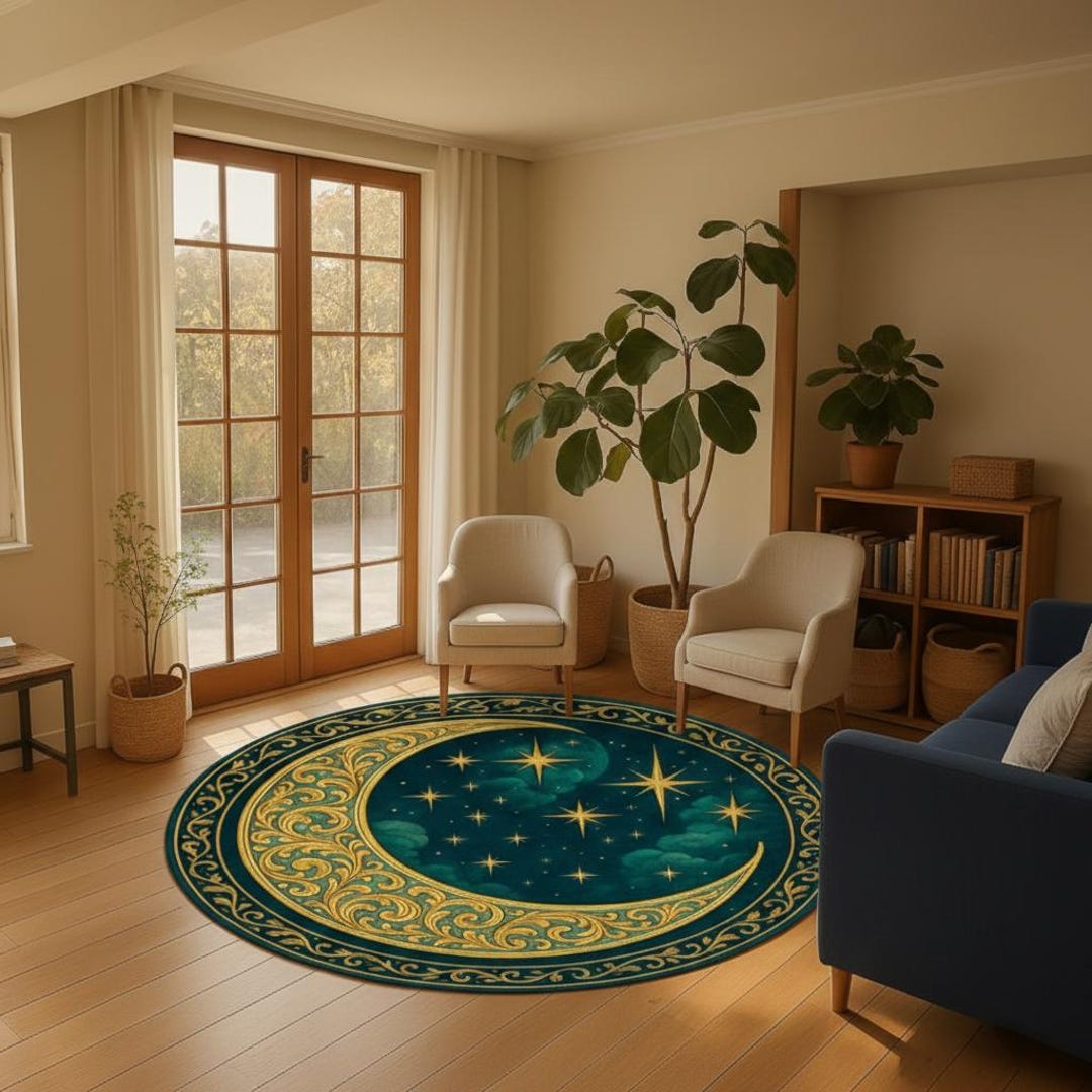 Celestial Rugs Crescent Moon & Stars Round Rug – Celestial Night Sky Carpet – Gold ...