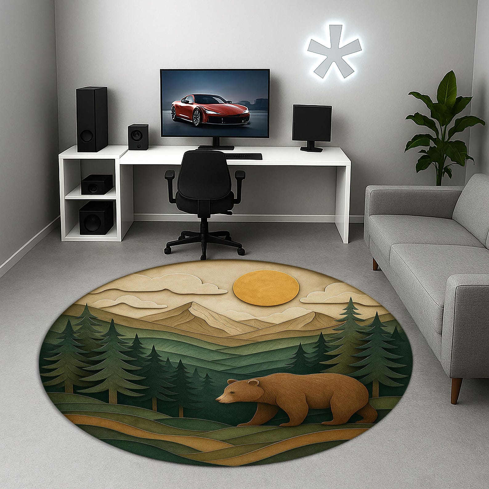 Bear in Mountains Round Rug – Nature Scene Forest Animal Carpet ...
